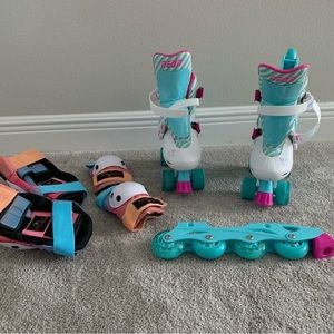 Adjustable roller skates w/ roller blade attachments & knee/elbow/wrist pads